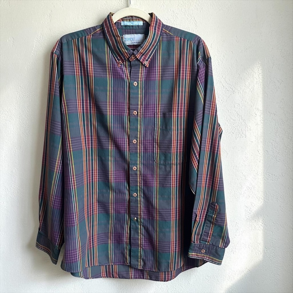 Vintage Levi's Shirt Men's XL Plaid Green Purple Retro Preppy Heritage Americana